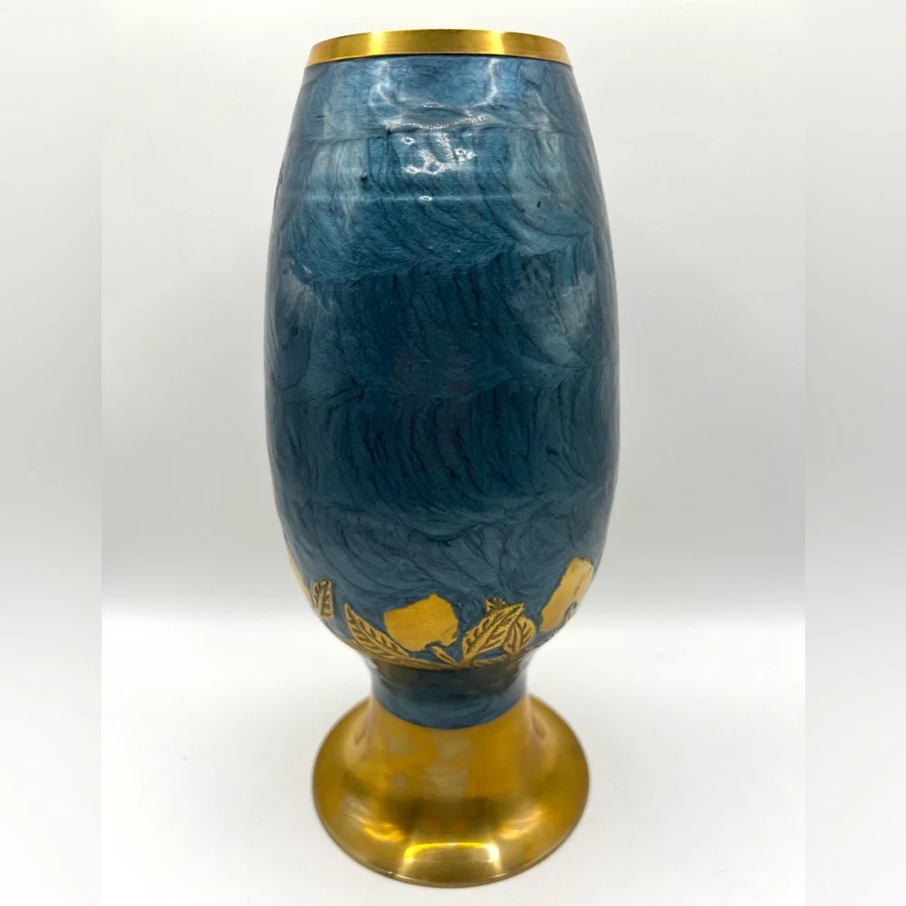 VTG Solid Brass Blue Enamel Vase Decorative India Hanging Leaves Fruits MCM 8.5